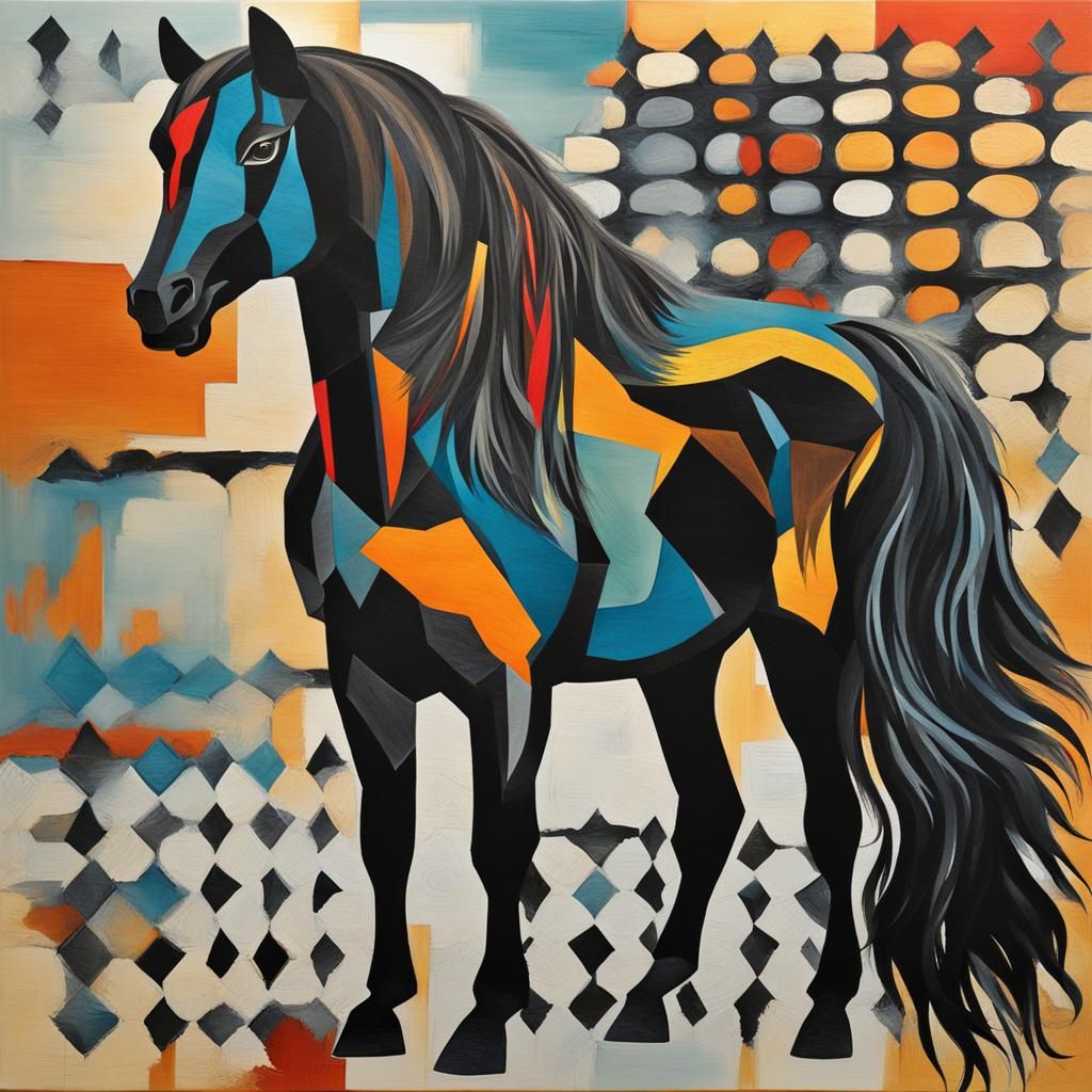 Horse with a black chicken