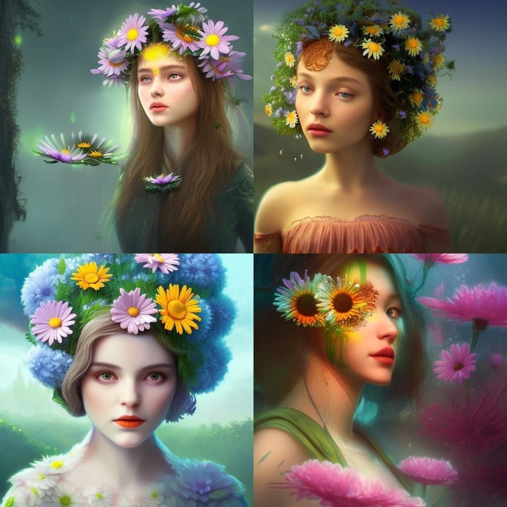 Girl put on daisy flower in head