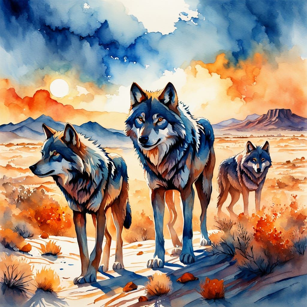 Watercolor Wolves Roam Desert Landscape at Dawn