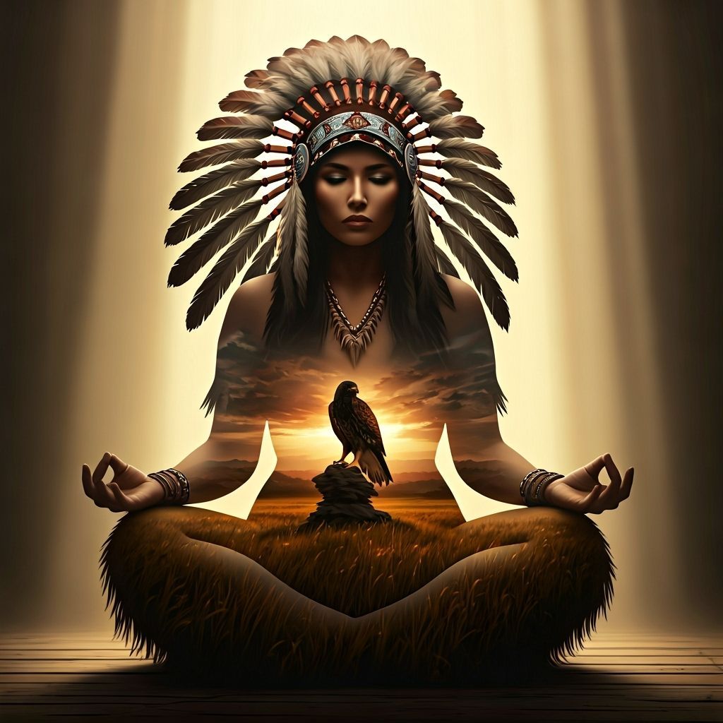 Native American Warrior Meditating with Hawk, Painterly Digi...