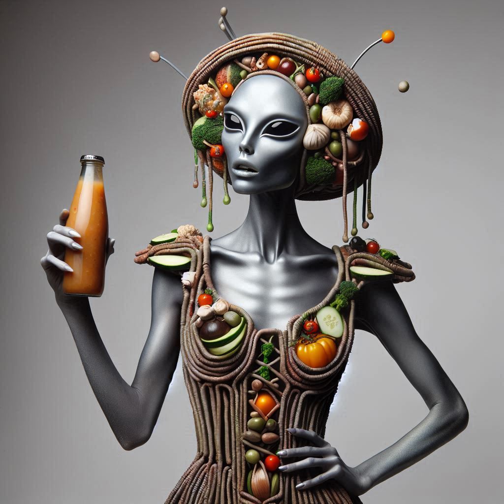 alien posing at a professional photo shoot - in a dress made...