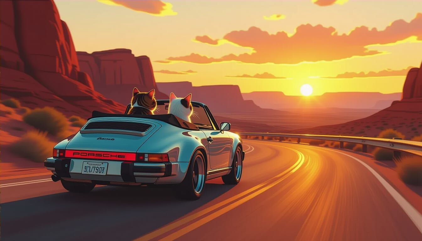 Two cats driving a 1988 Porsche 911 in the Desert into the Sunset.  by @Michael Brown