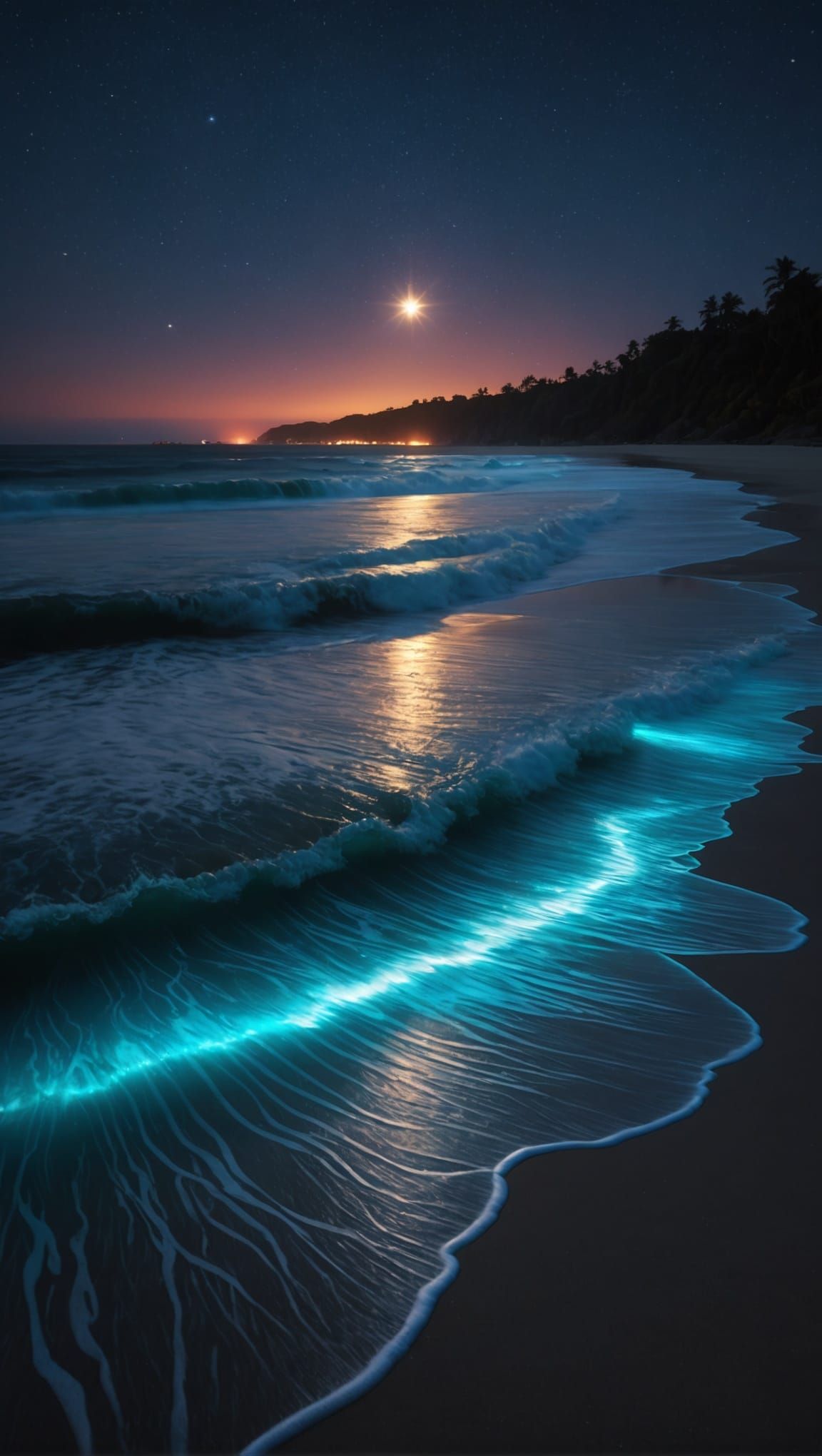 beach at night with Bioluminescence waves, astronomical alignment with star Sirius shining bright, detailed ...  by @ih432