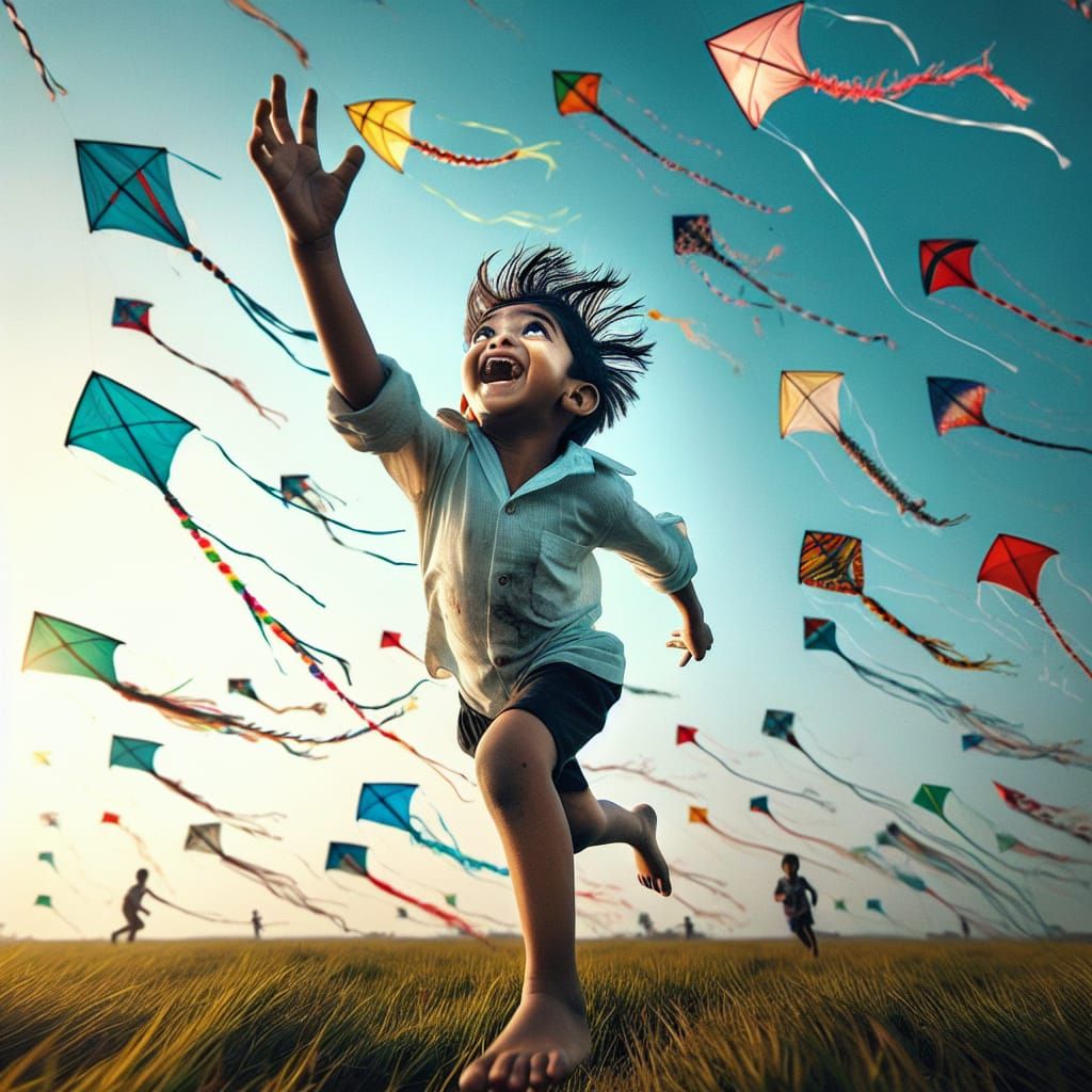 A boy running behind kites flying in the sky trying his hard...