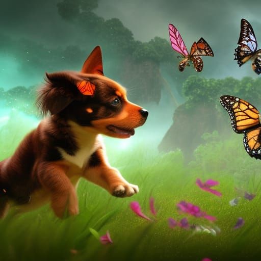 Puppies chasing butterflies.