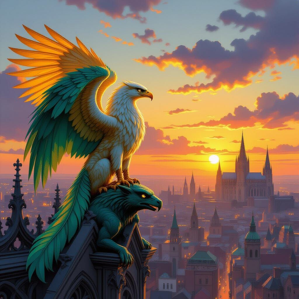 Golden Griffin Perched on Gothic Gargoyle at Dusk