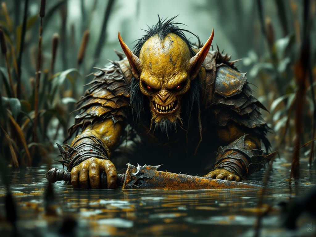 Hobgoblin crouches murky swamp water. 