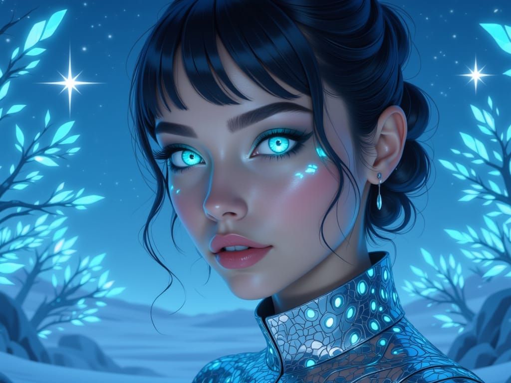 <lora:Aurora:1.0> A woman, wearing a croptop, arctic, glowing blue eyes