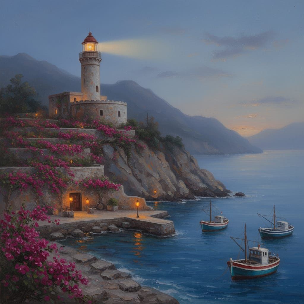 An ancient lighthouse stands sentinel on a rugged Mediterranean coast, its beam cutting through the twilight haze. Terraces overflowing with...