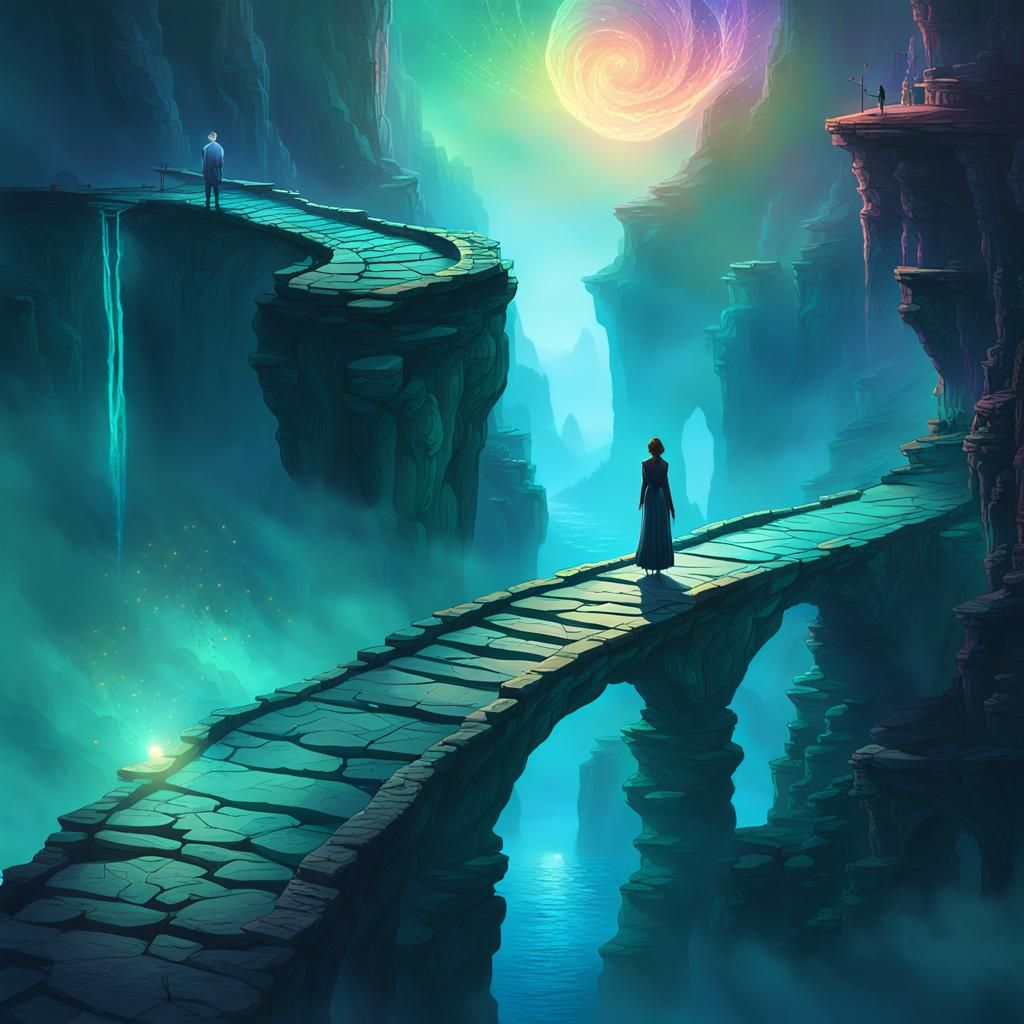 Mystical Figure on Bridge in Fantasy Landscape