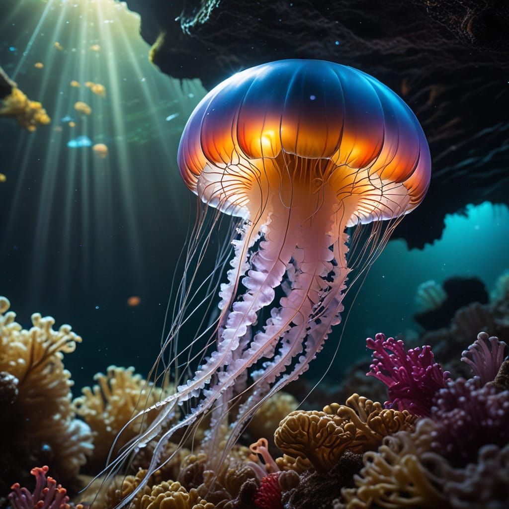 Sunlight lightens up the beautiful colors of the Jelly fish in this underwater photo.  by @Terra