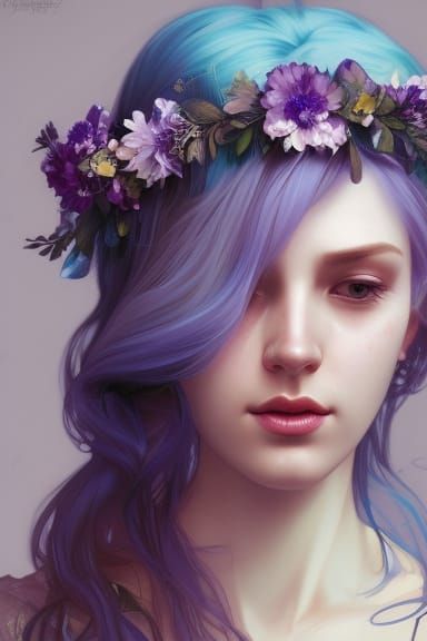 purple flower crown with flowy blue hair, closed eyes, and f...