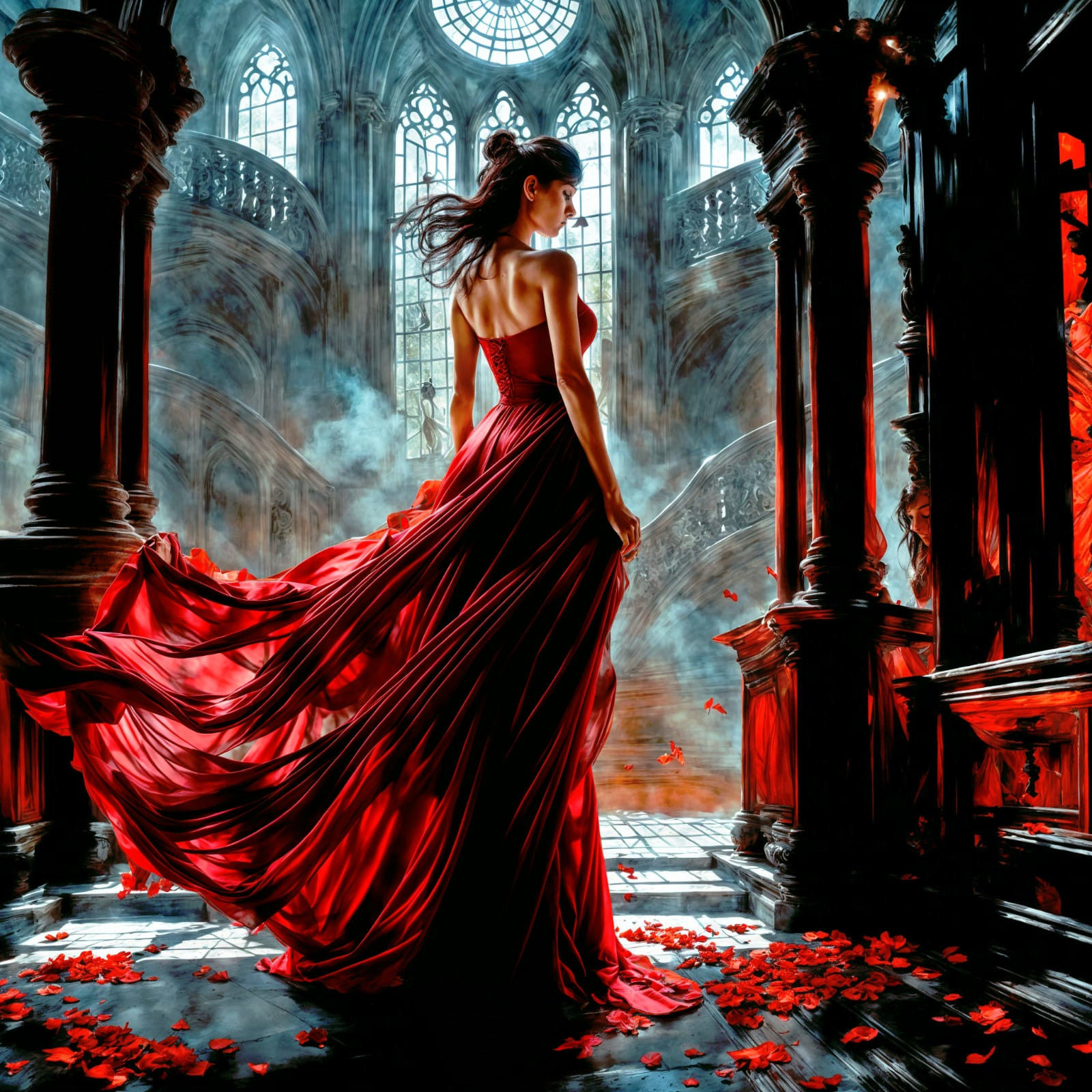 a woman with a gaze adrift is bathed in the eerie crimson gl...