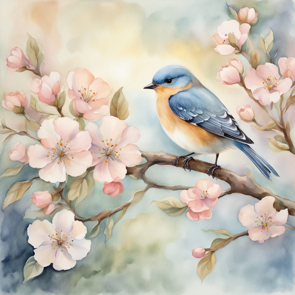 Watercolor painting of a small, pastel colored bird on a tree branch in blossom, very pretty   by @Al_in_Tanzania