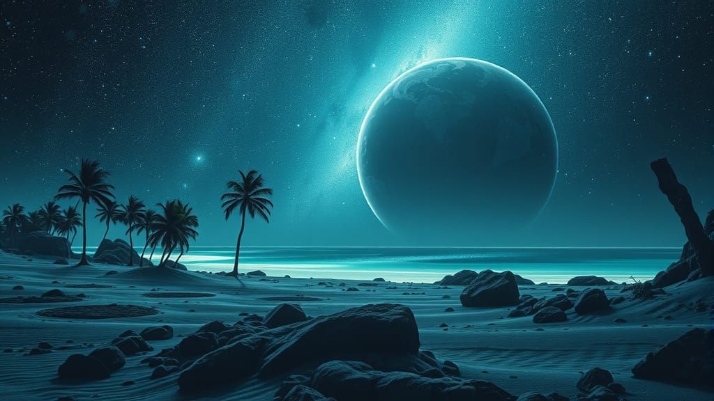 o plajă tropicală pe o planetă din altă galaxie cu apă de culoare albastru-turcoaz şi un nisip negru  by @IoanM