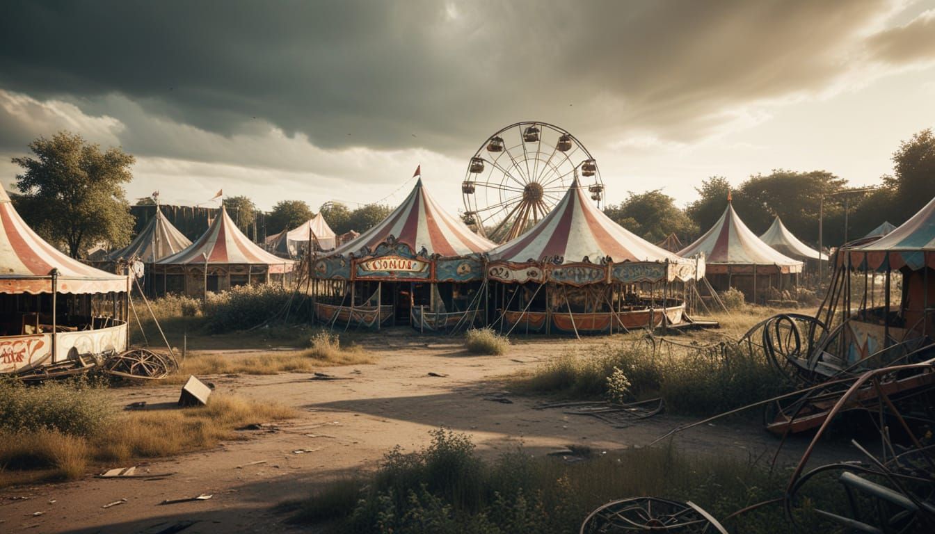 Vintage photograph. Extreme wide shot. An abandoned carnival lies in ruins, its rides overgrown with ...  by @aNta