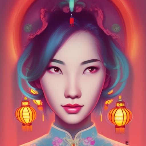 night, beautiful chinese girl, lantern festival, pop art dec...