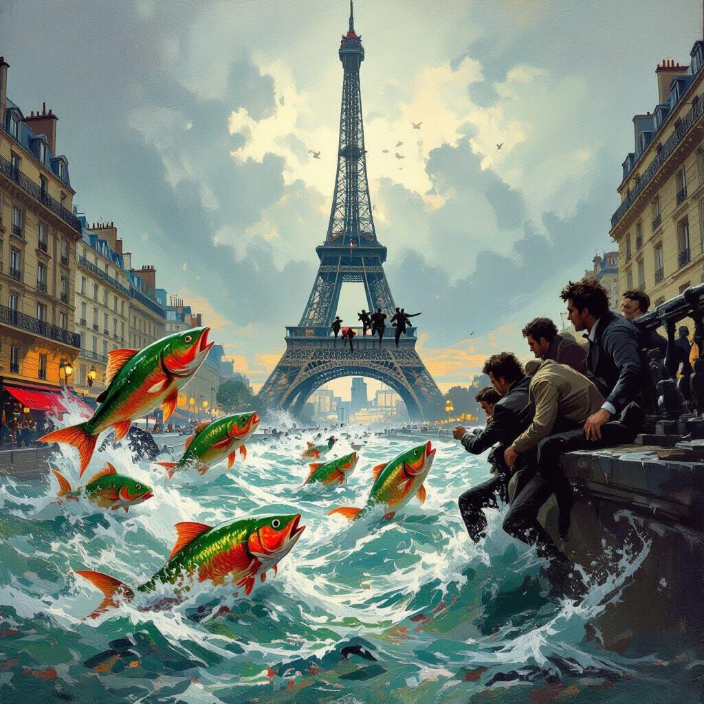 Flooded Paris Streets with Leaping Fish and Desperate Men