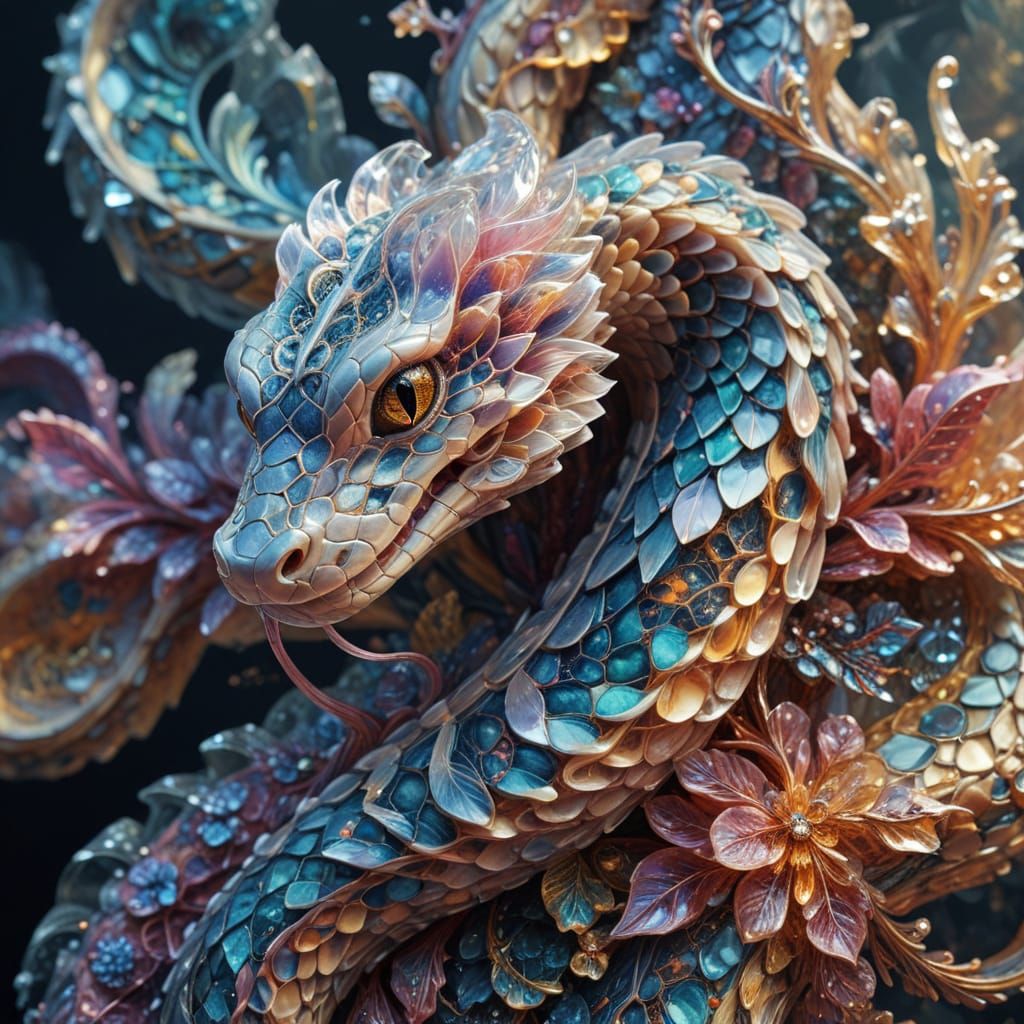 Ornate Textured Acrylic epic translucent snake fractals background, crystal impasto   by @fineluart