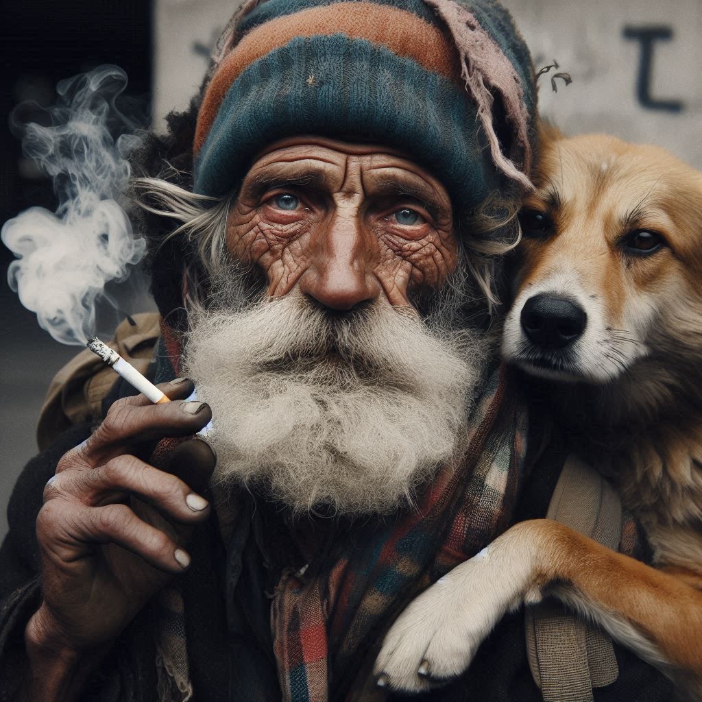 Portrait of an old homeless vet and his dog