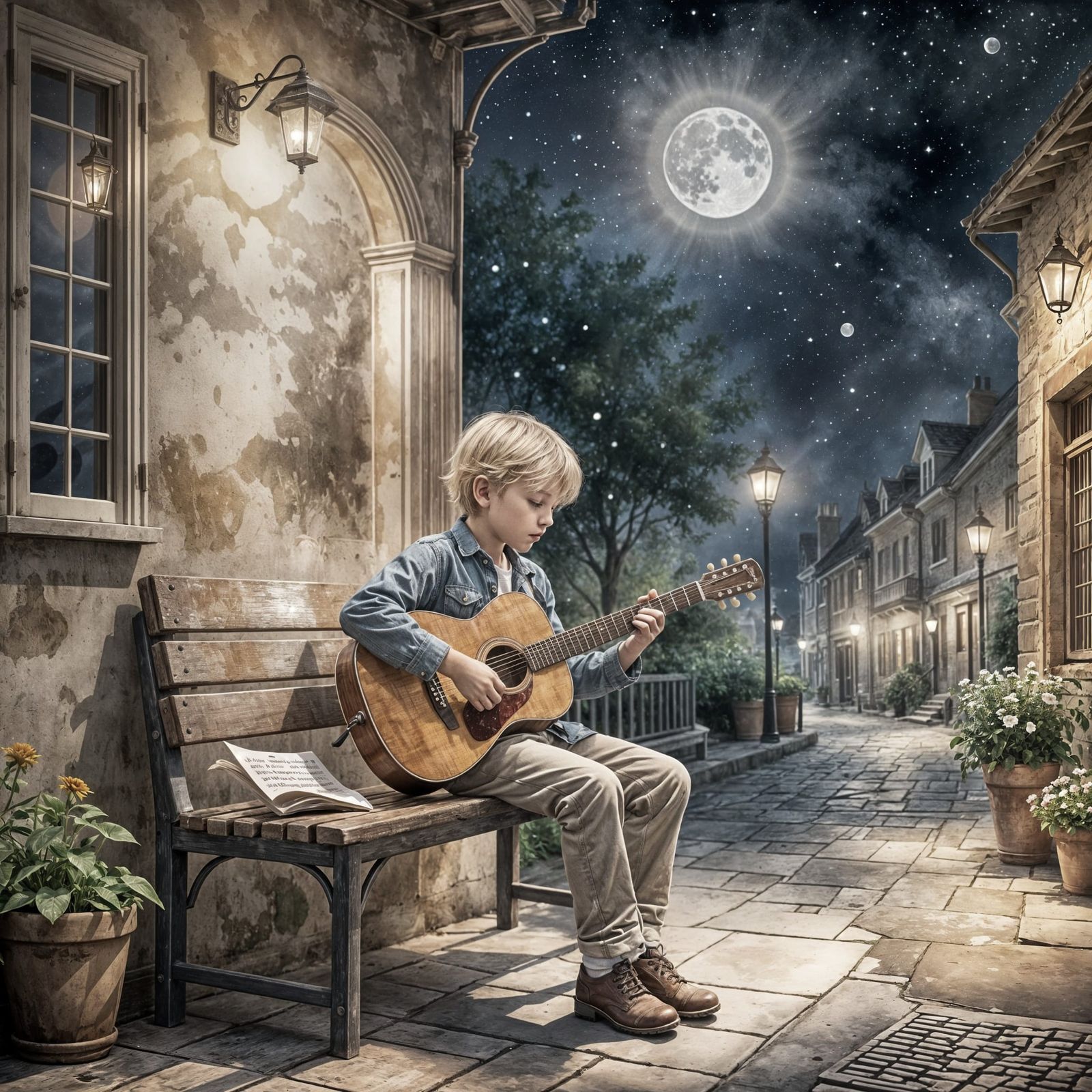 Create a beautiful unpainted watercolor style image of a little blond boy sitting on a bench playing ...  by @Artimagine