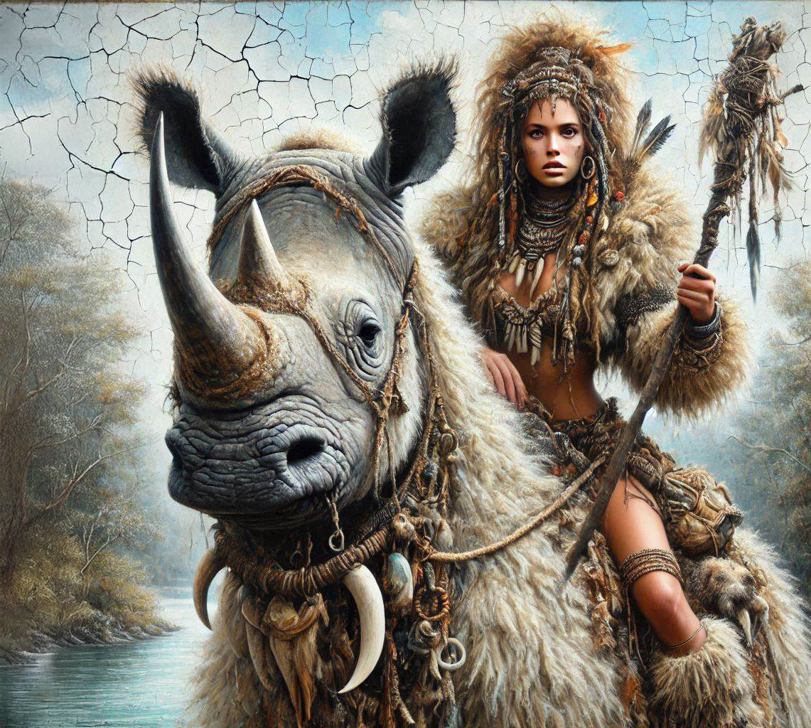 Xena, Warrior and her Woolly Rhino  by @Fiona Etkin 1974 