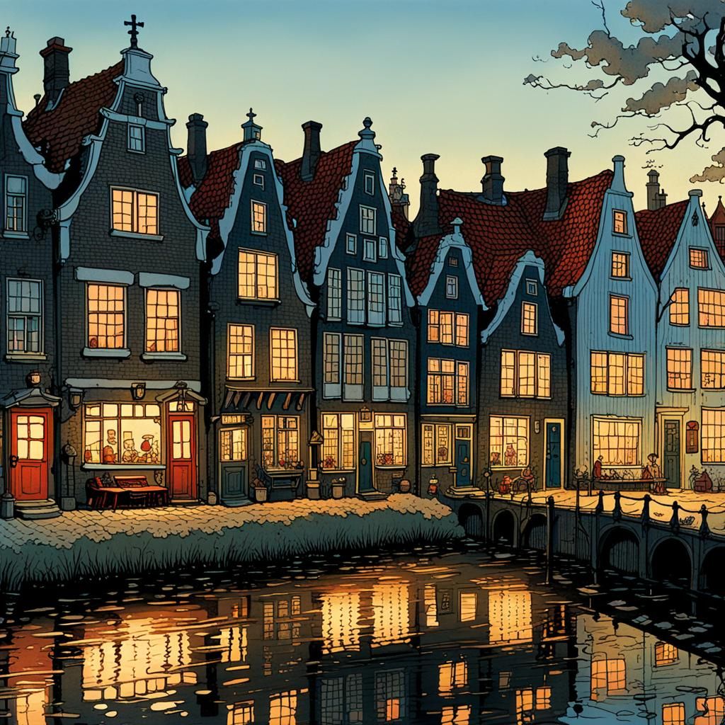 a cozy row of Dutch houses in the evening light, by W. Heath...