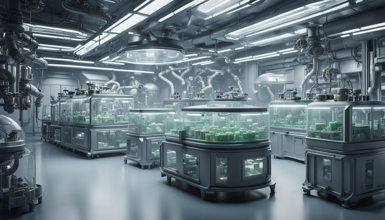 A futuristic laboratory crowded with equipment and container...