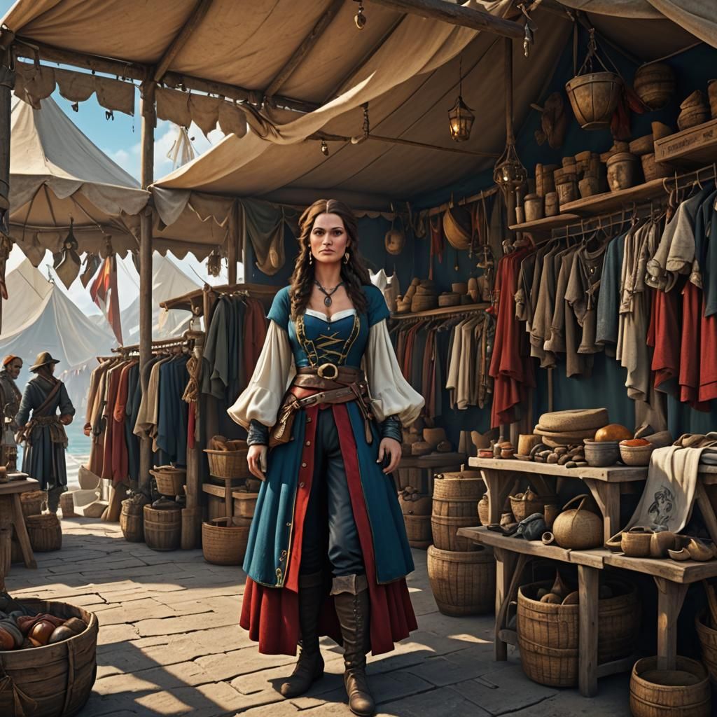 Medieval lady shopping at  a Seaside tent stall selling pira...