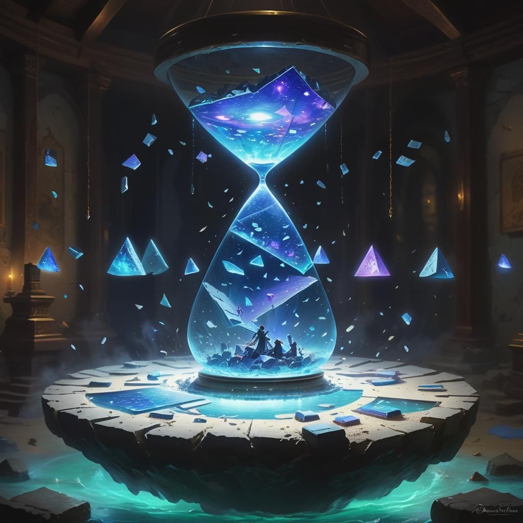 The room is filled with floating, shattered pieces of stone tablets, suspended in mid-air. Strange glowing symbols are etched onto each frag...