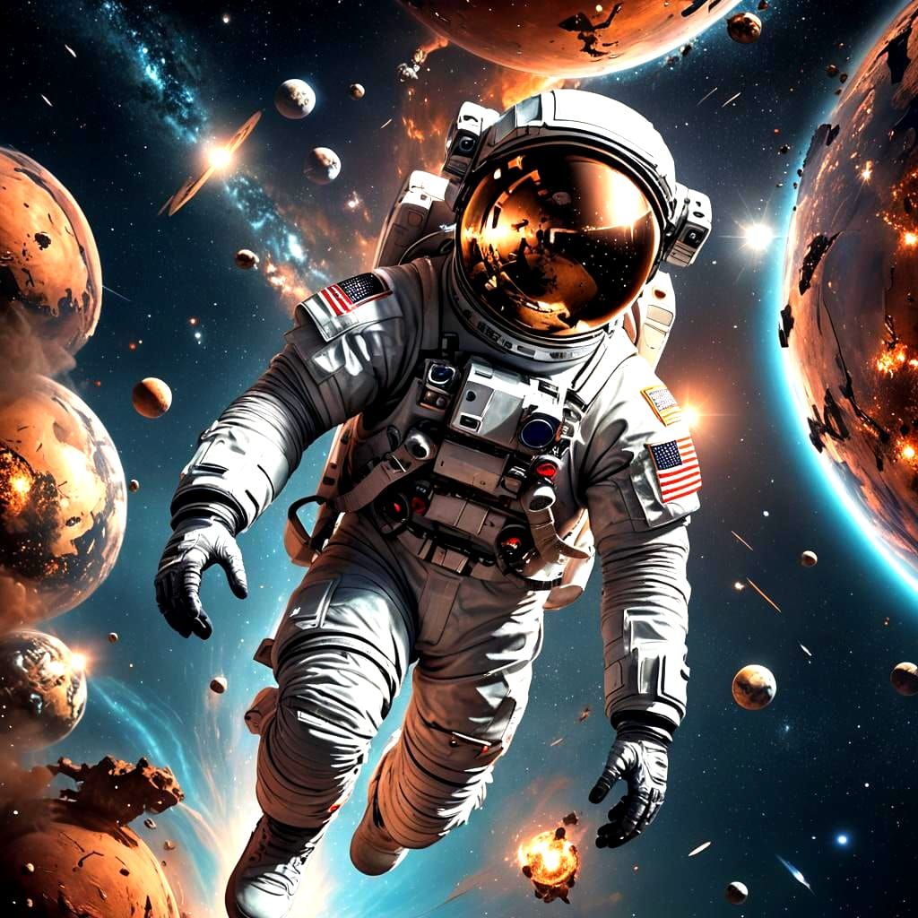 Astronaut in Space Gazing at Earth Night Lights