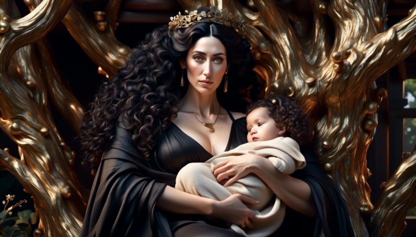 <lora:Hadassah:1.0>  A curvaceous jewish woman with a long face and angular features, long curly black hair, black eyes, pale skin, and aqui...