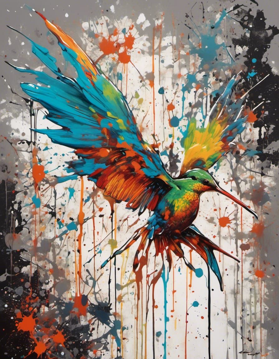 <lora:Splatter Graffiti:1.0> Majestic humming bird , backgro...