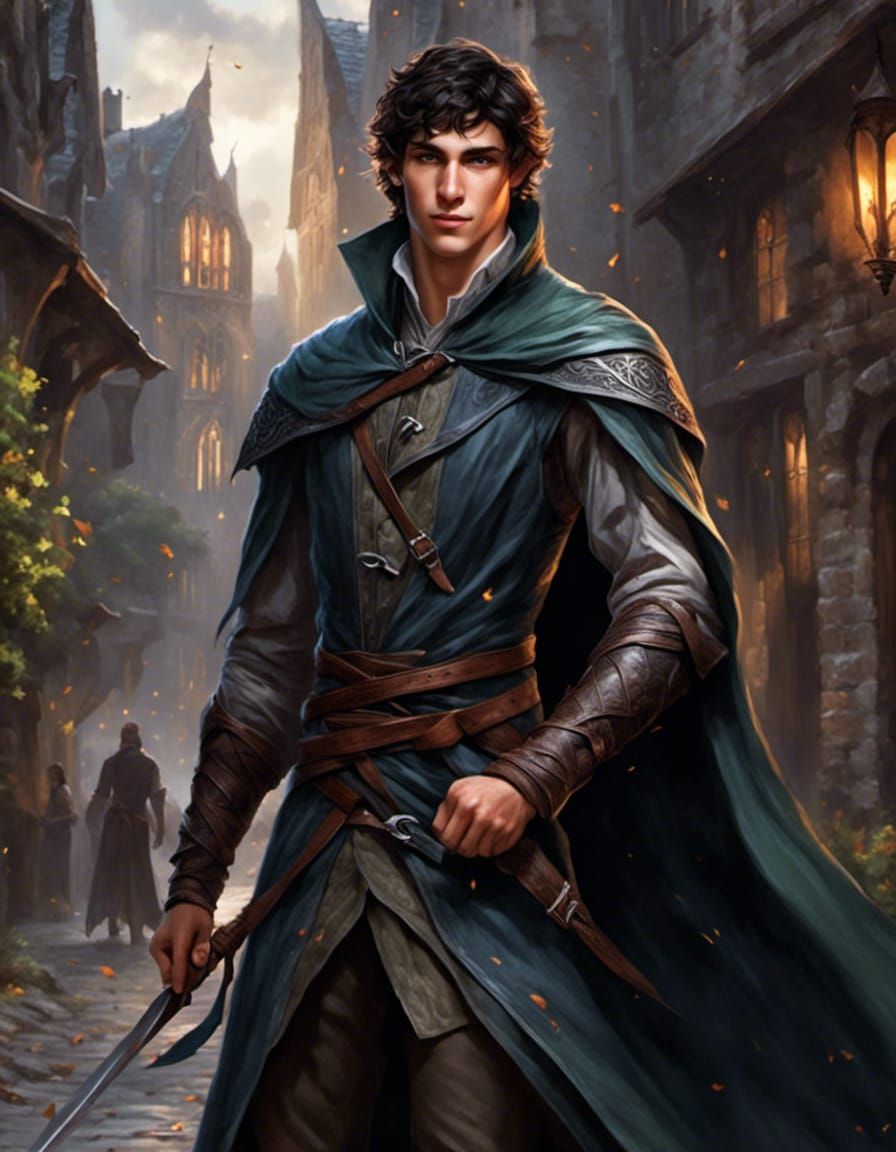 Handsome Wood Elf Warlock on Medieval Street