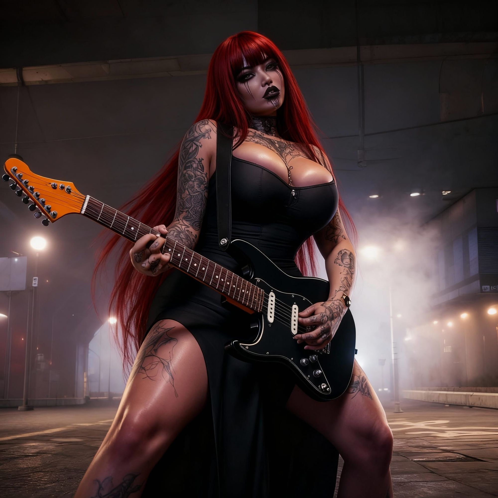 Full-length landscape portrait of a captivating curvy gothic woman playing an electric guitar, with extensive tattoos and unique makeup. She...