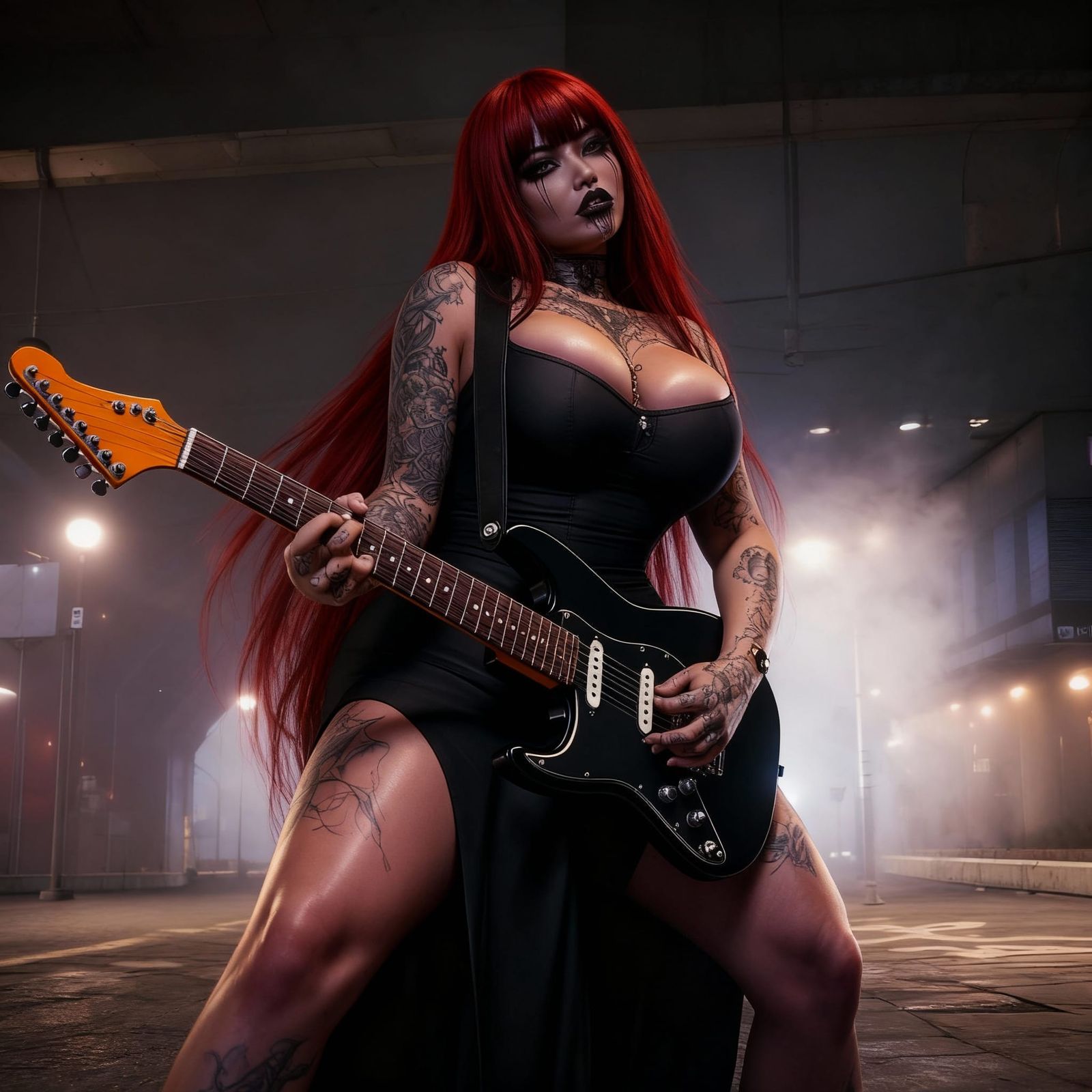 Full-length landscape portrait of a captivating curvy gothic woman playing an electric guitar, with extensive tattoos an...