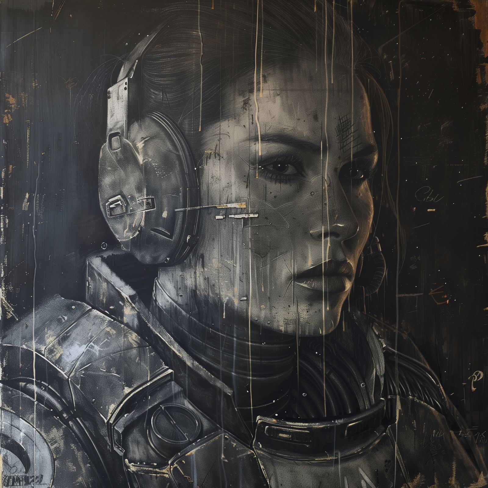 Worn out portrait of woman in power armor