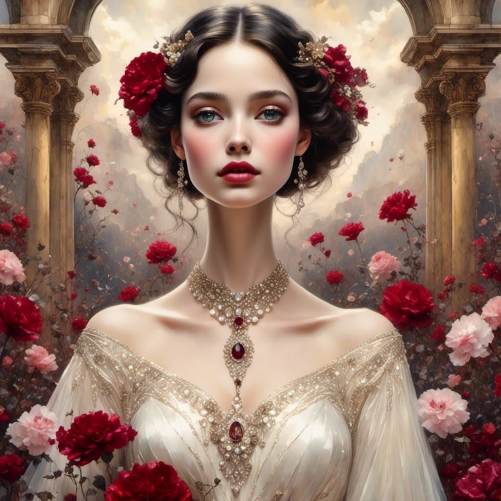 Beautiful Angelina wearing her mothers lovely cream colored vinage wedding dress, lovely, hypnotic hazel eyes,  intricately detailed cream c...