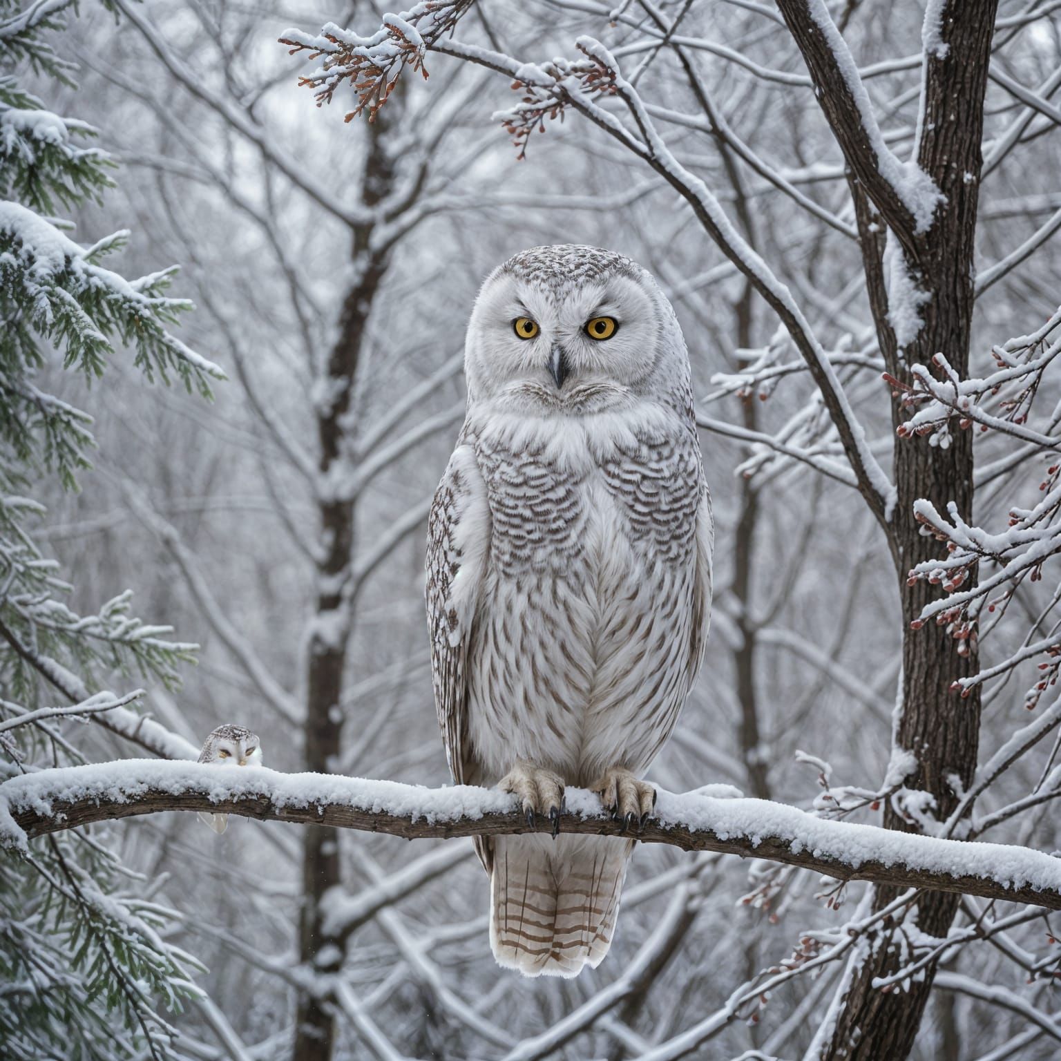 Snowy Forest Scene with Fluffy White Owl in Winter... - AI Art