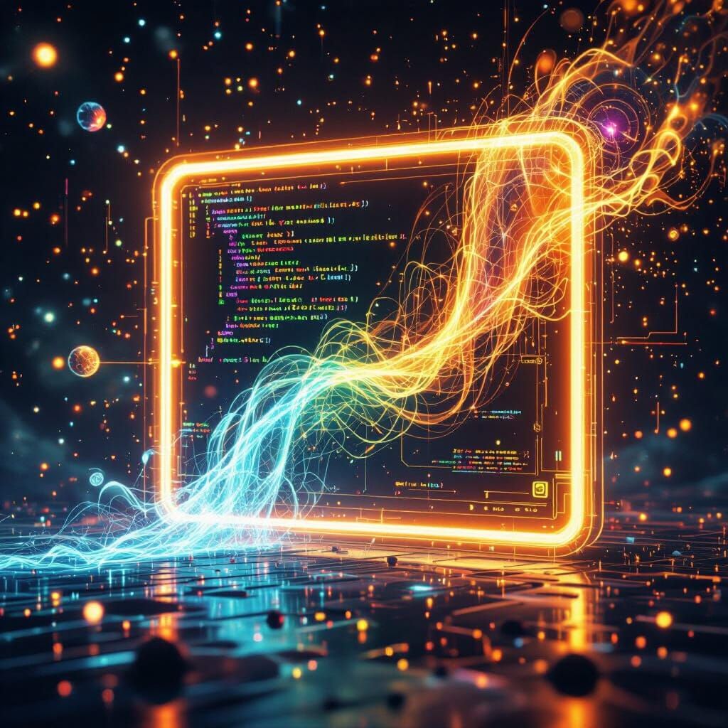 Central, glowing computer screen acting as a portal. Inside the screen, a dynamic, flowing cascade of programming languages (Python, C++, Ja...
