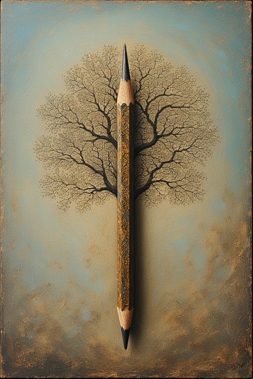 A surreal scene where a humble pencil,