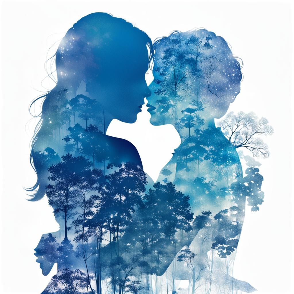 a woman's silhouette, overlaid with a double exposure showing two women ...