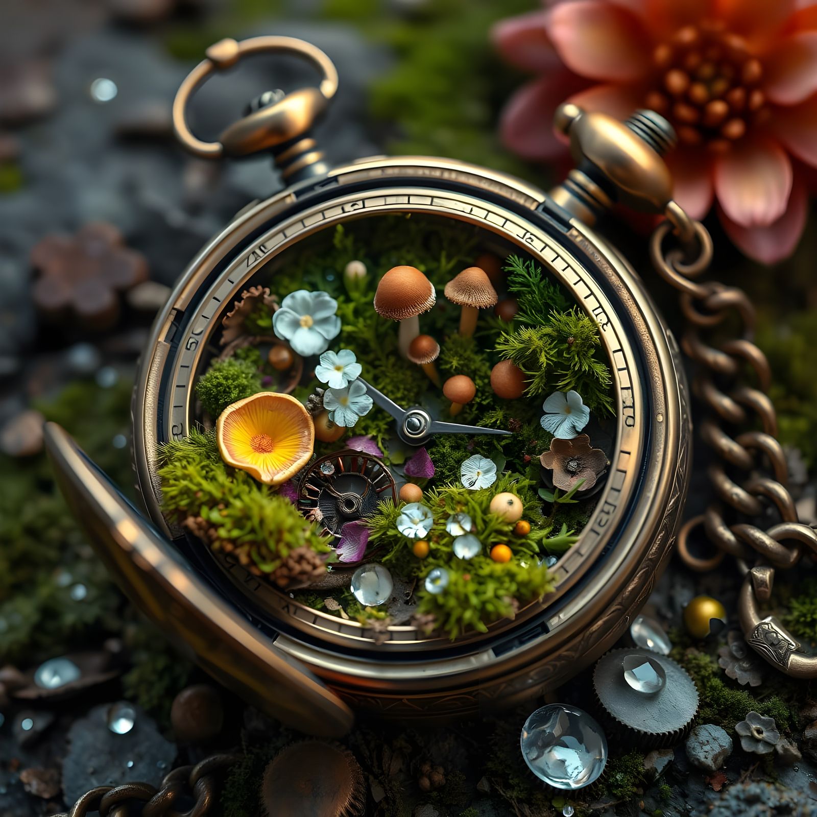 Ornate antique pocket watch, cracked open, overflowing with vibrant moss, tiny mushrooms, and delicate ...  by @Karina 