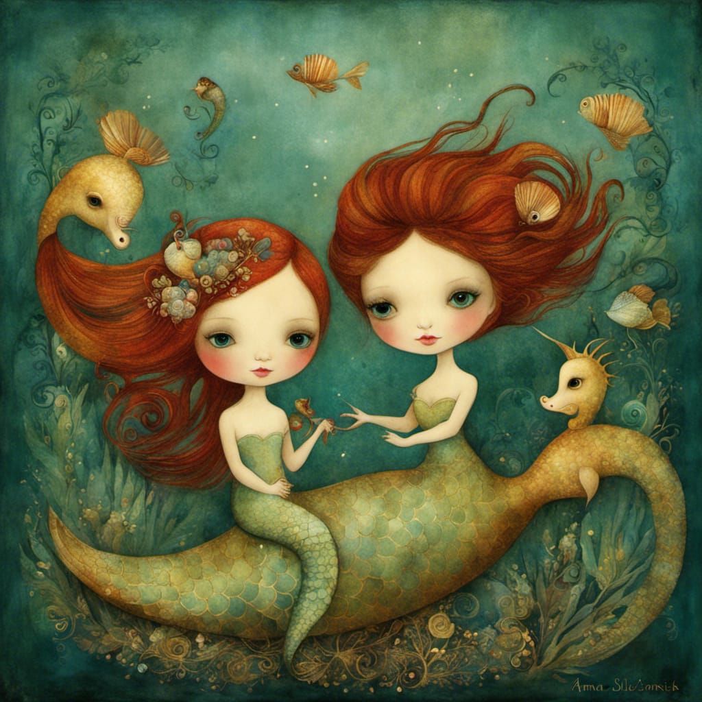 the cute mermaids and beautiful seahorses, by Anna Silivonch...