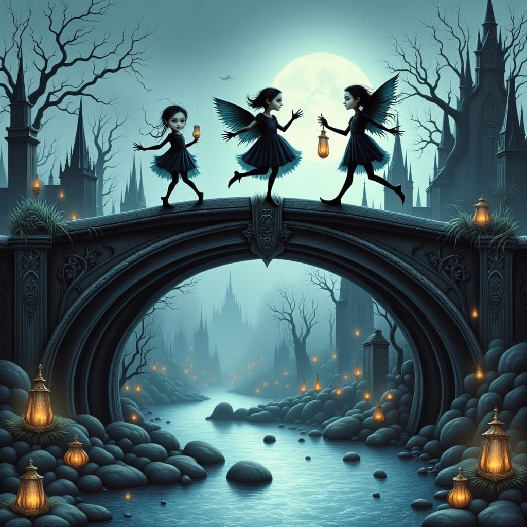 <lora:MrsH Darkling:1.0> Creepy darkling Fae children playing on eerie surreal  ink gothic bridge above a river, odd, creepy, pinhead, maste...