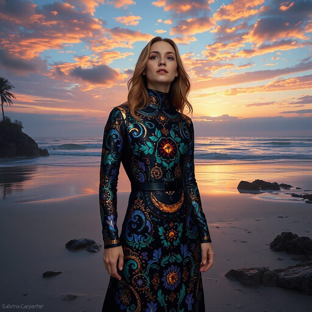Sabrina Carpenter in Stained Glass Dress with Beach Landscap...