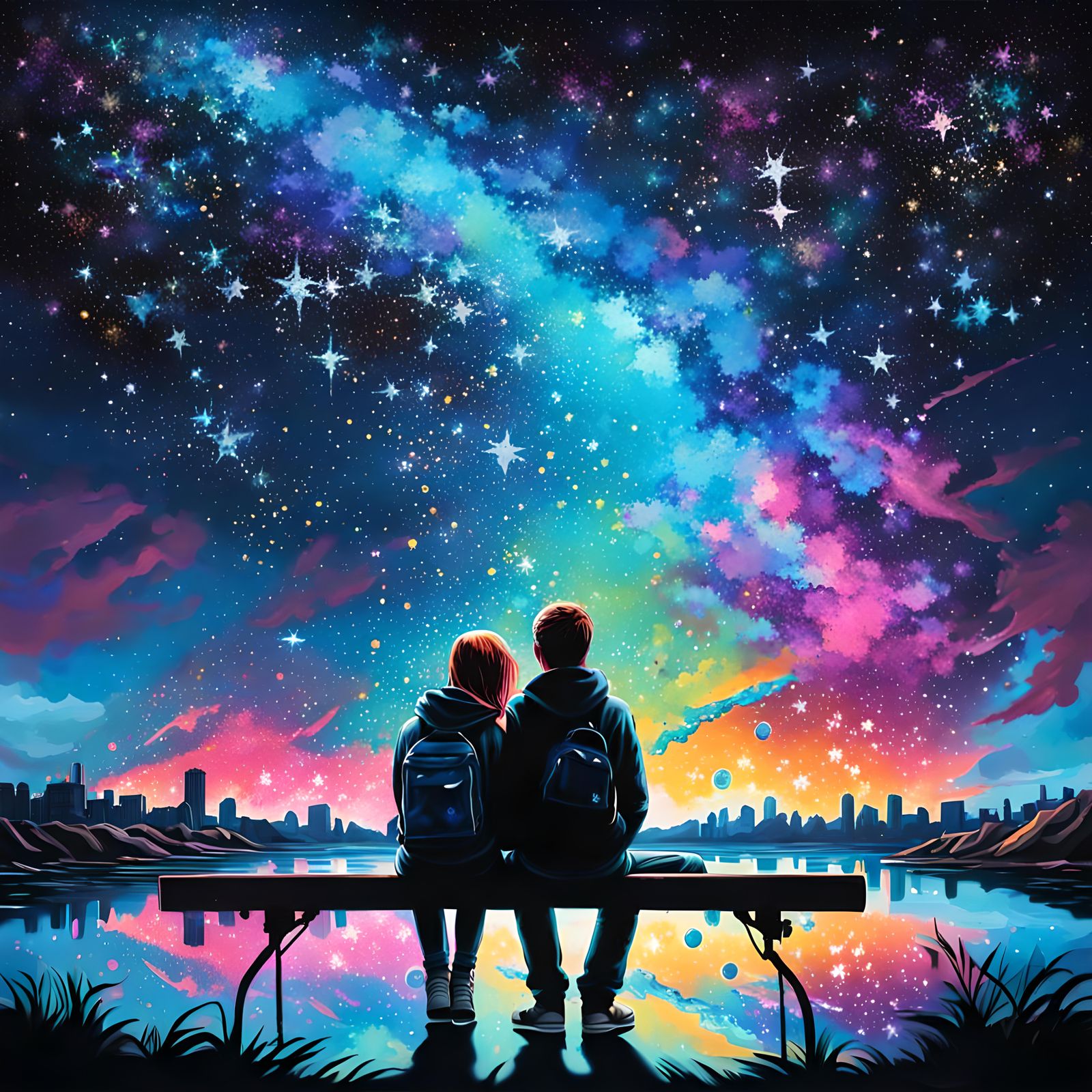 A stary sparkling sky where a couple are stargazing   by @MariLaMala