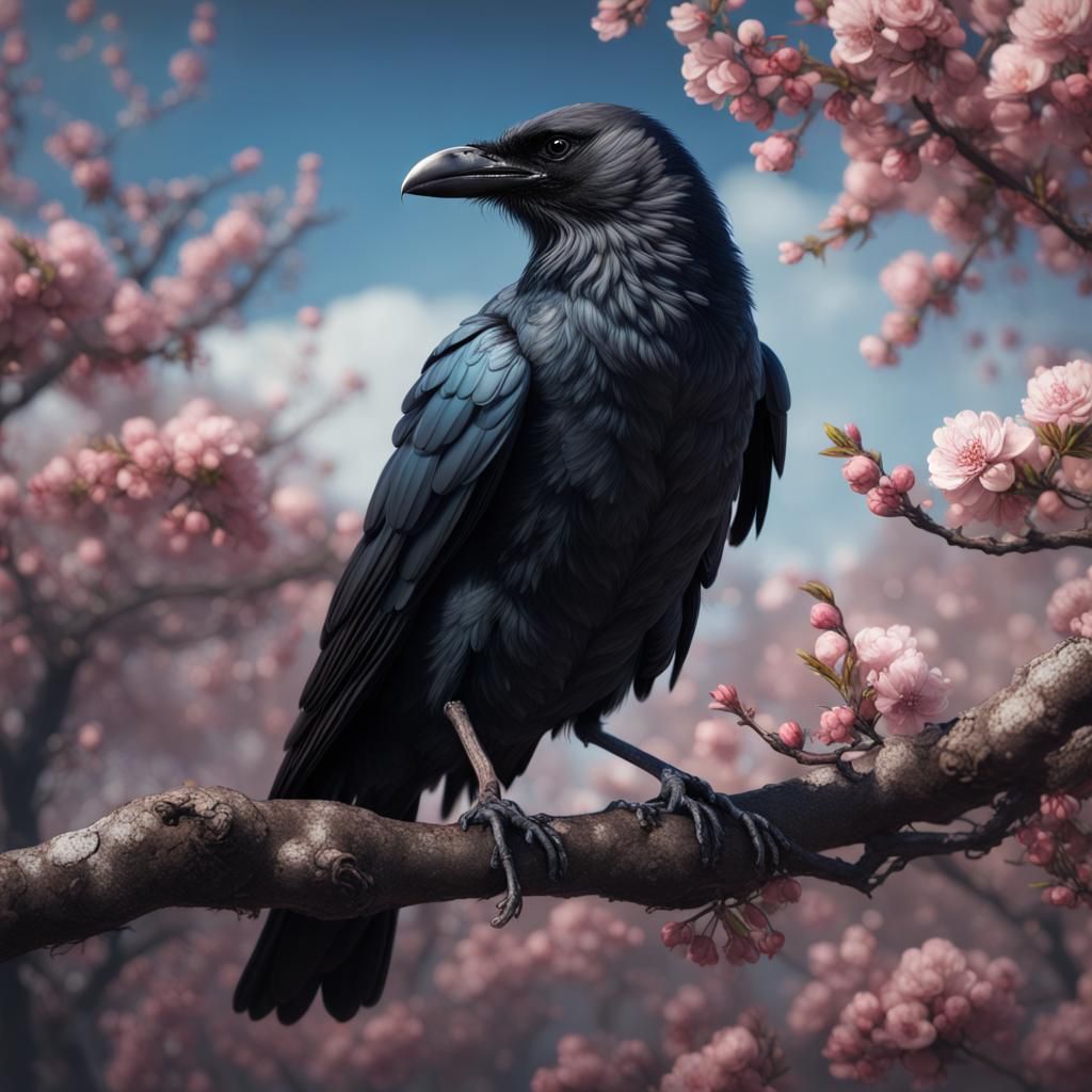 Crow sat on blossom tree branch  by @StormCrow