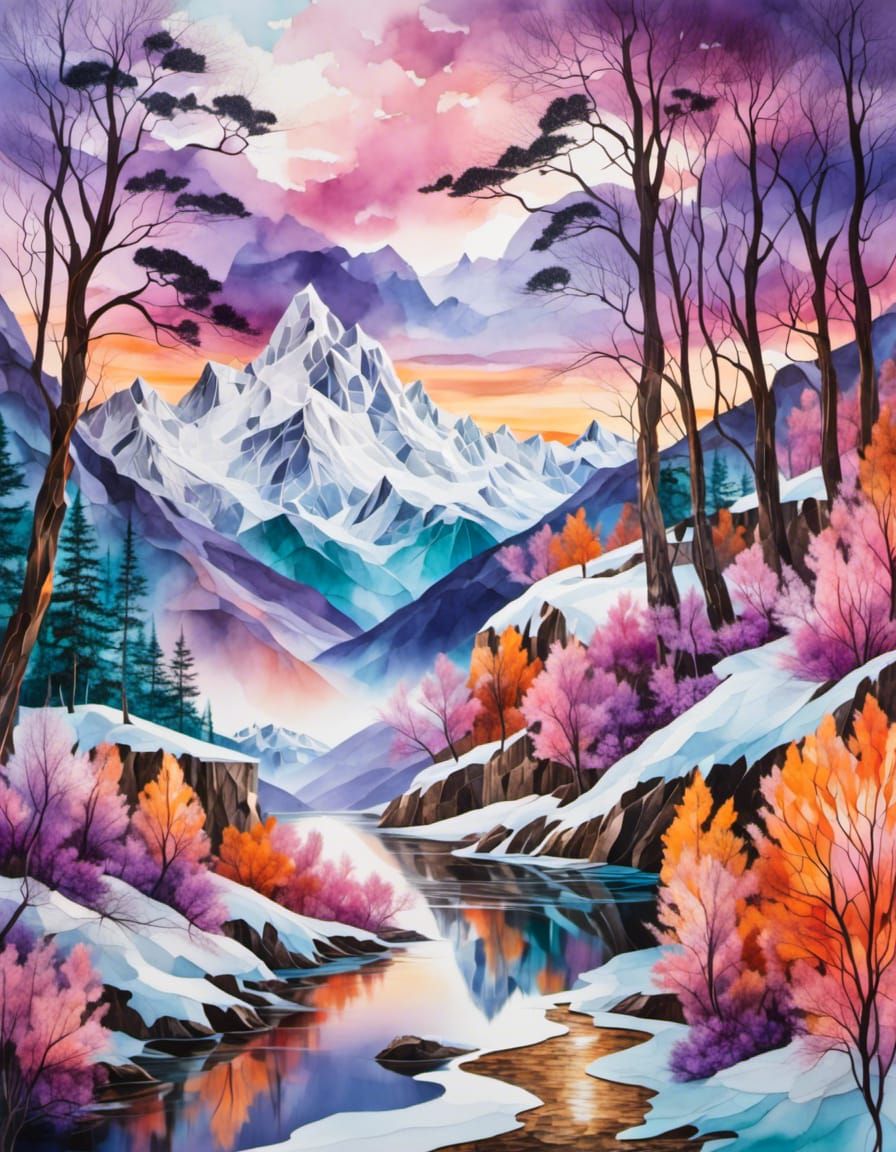 Sunrise at snowy mountains, pink, orange, purple, teal, sheer feeling, watercolors,  splashes of color <lora:Stunning eye:1.0> 