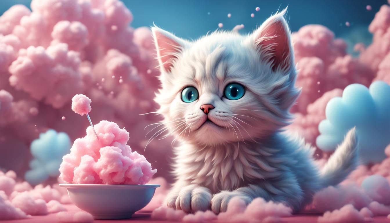 A kitten eating cotton candy  by @martymcmusic